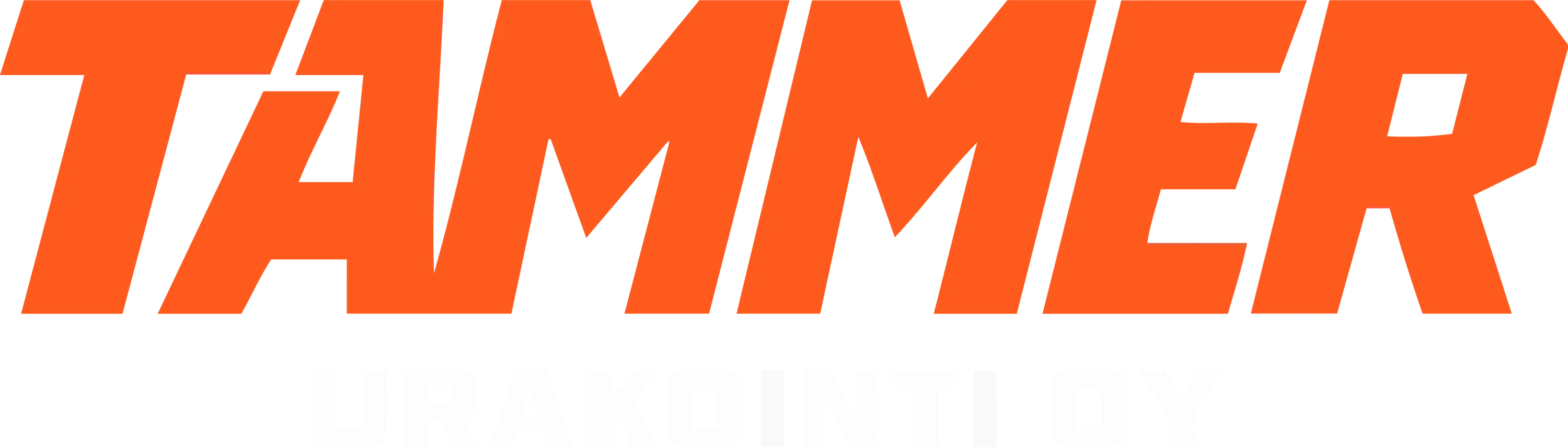 TAMMER URAKOINTI OY -logo. Ylärivillä oranssi, kallistettu teksti 'TAMMER' harmaalla reunuksella. Alarivillä valkoinen teksti 'URAKOINTI OY'. Musta tausta.